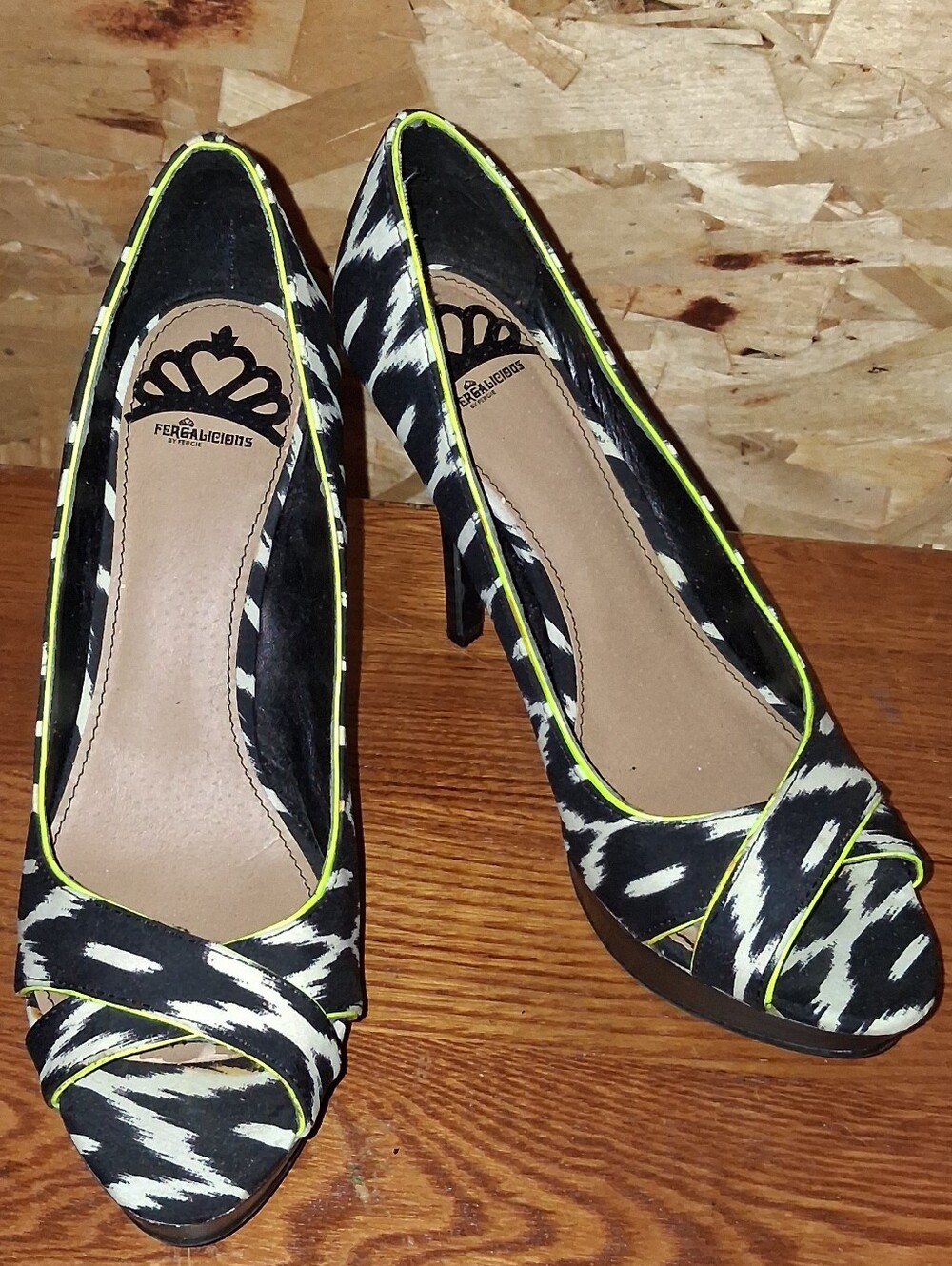 Fergalicious Black & Neon Yellow Patterned Peep-Toe Heels